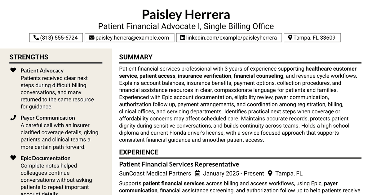 7 Patient Financial Advocate I - Single Billing Office Resume Templates with Example