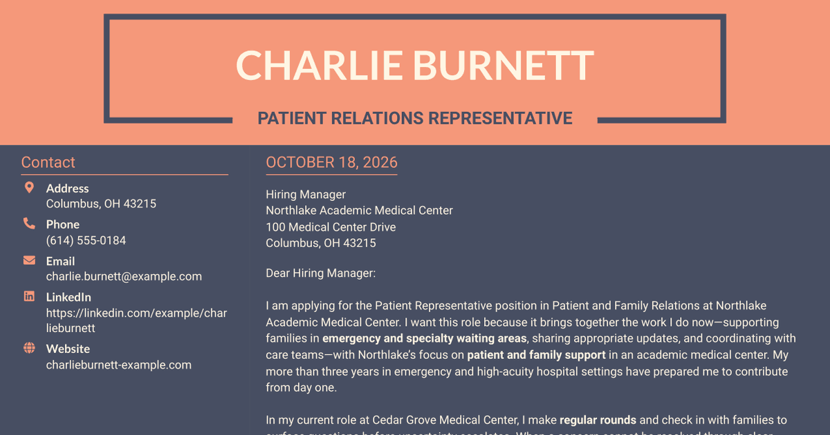7 Patient Representative - Patient and Family Relations Cover Letter Templates with Example