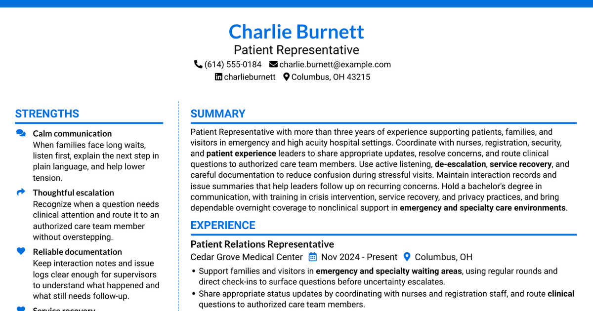 7 Patient Representative - Patient and Family Relations Resume Templates with Example