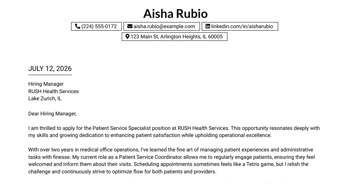 30+ Patient Service Specialist Cover Letter Templates with Example 2026
