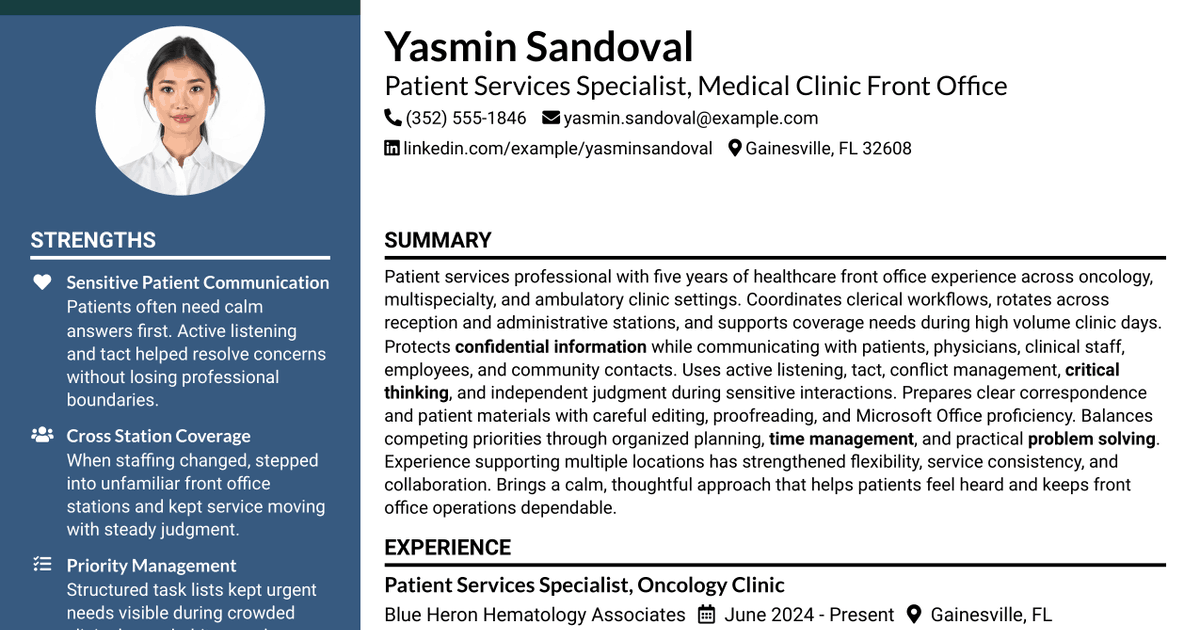 7 Patient Services Specialist - Medical Clinic Front Office Resume Templates with Example