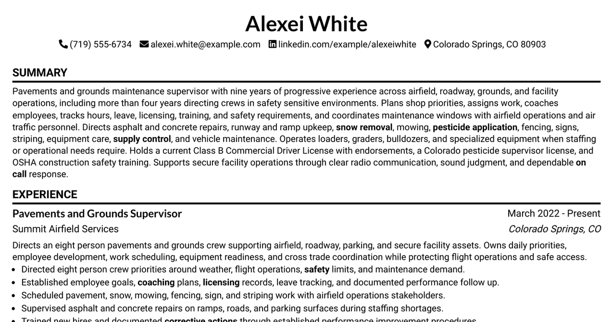 7 Pavements and Grounds Shop Supervisor Resume Templates with Example
