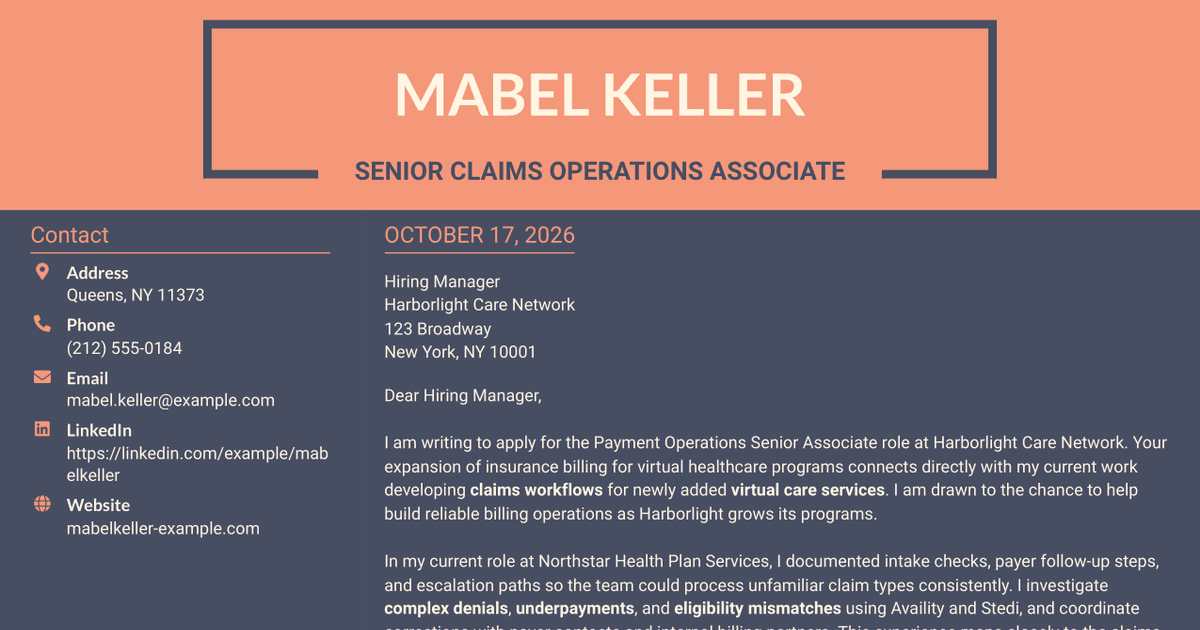 7 Payment Operations Senior Associate - Claims and Revenue Cycle Cover Letter Templates with Example