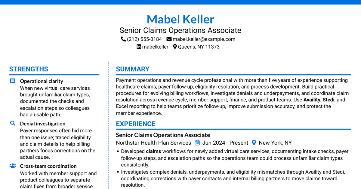 7 Payment Operations Senior Associate - Claims and Revenue Cycle Resume Templates with Example