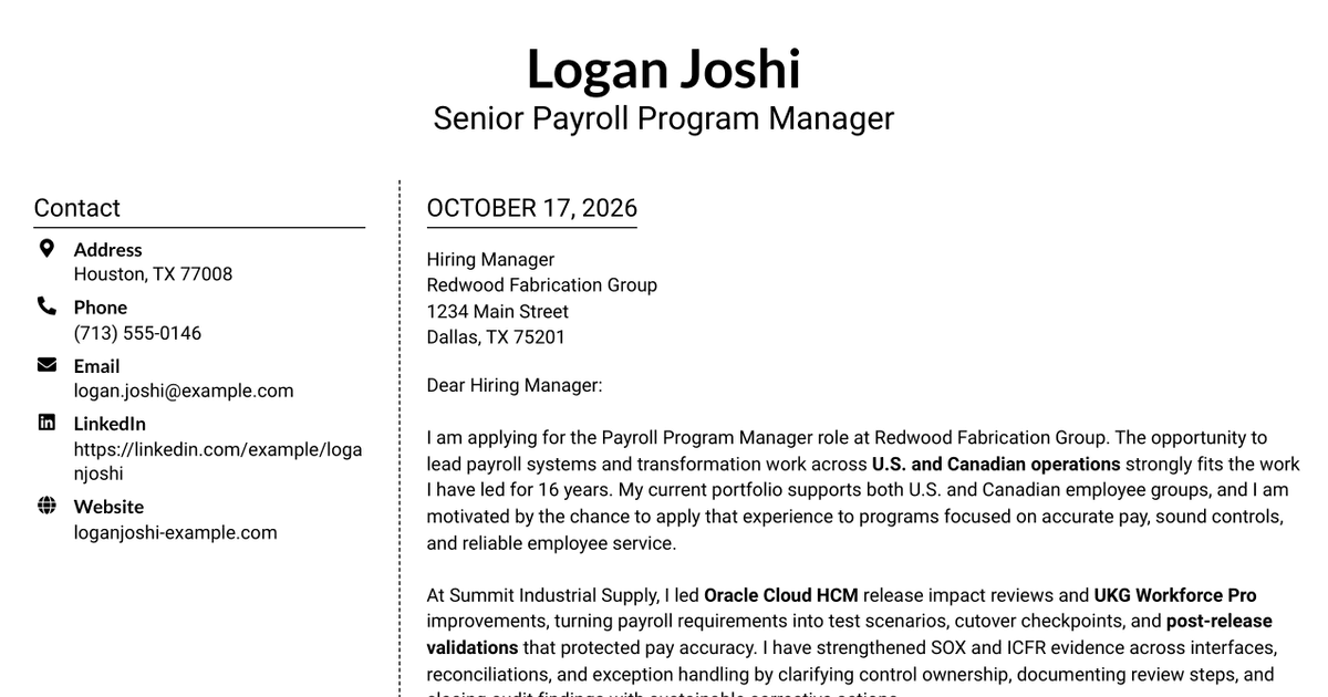 7 Payroll Program Manager - Payroll Systems and Transformation Cover Letter Templates with Example
