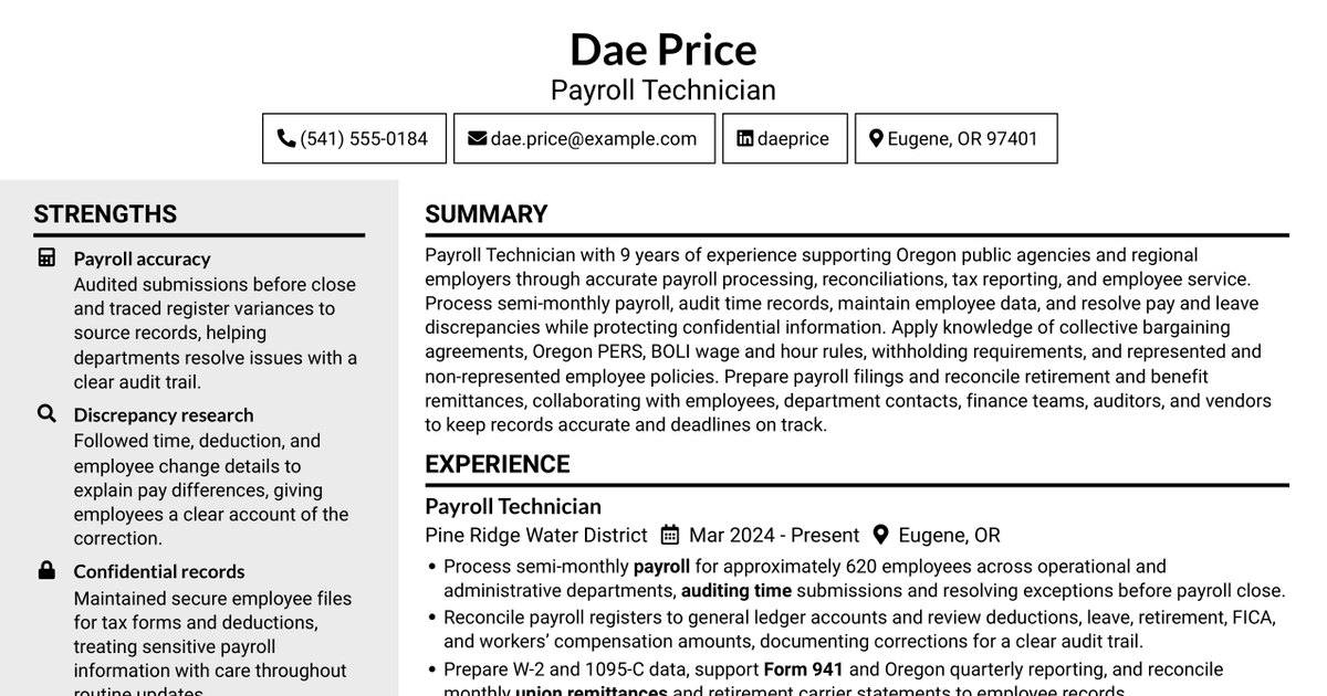 7 Payroll Technician - Public Sector Payroll Resume Templates with Example