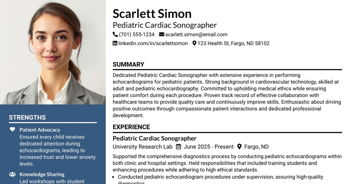 33 Pediatric Cardiac Sonographer Resume Templates with Example 2026 (ATS-Optimized)