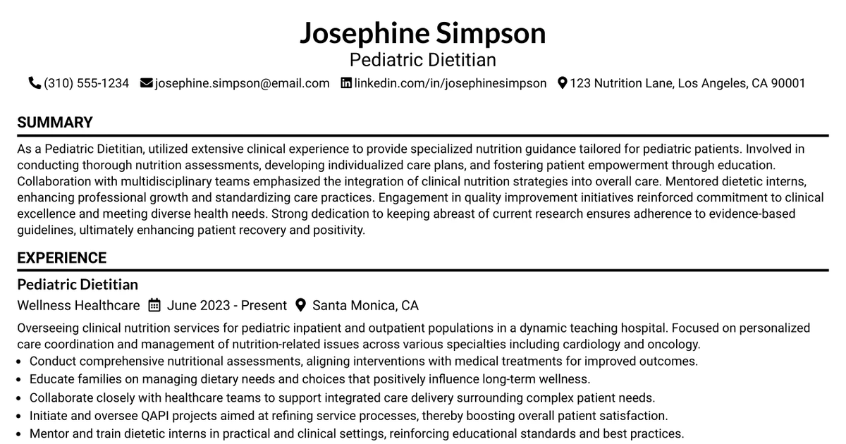 33 Pediatric Dietitian Resume Templates with Example 2026 (ATS-Optimized)