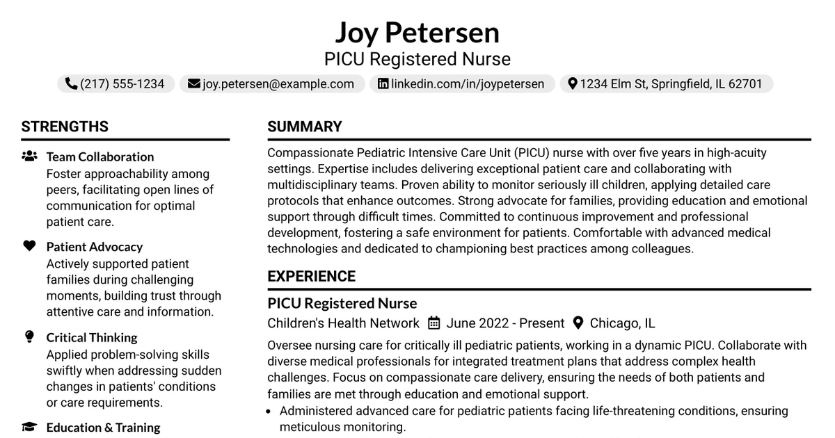 33 Pediatric Intensive Care Unit (PICU) Registered Nurse Resume Templates with Example 2026 (ATS-Optimized)