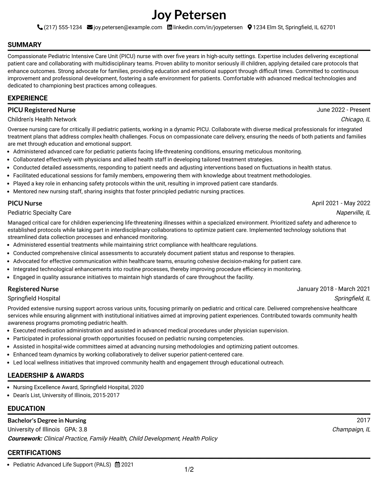 Resume Example Page 1