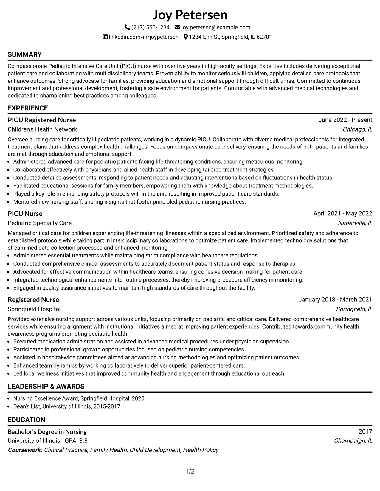 Resume Example Page 1