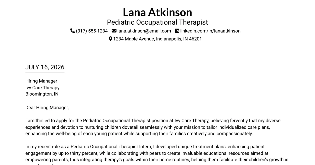 30+ Pediatric Occupational Therapist Cover Letter Templates with Example 2026