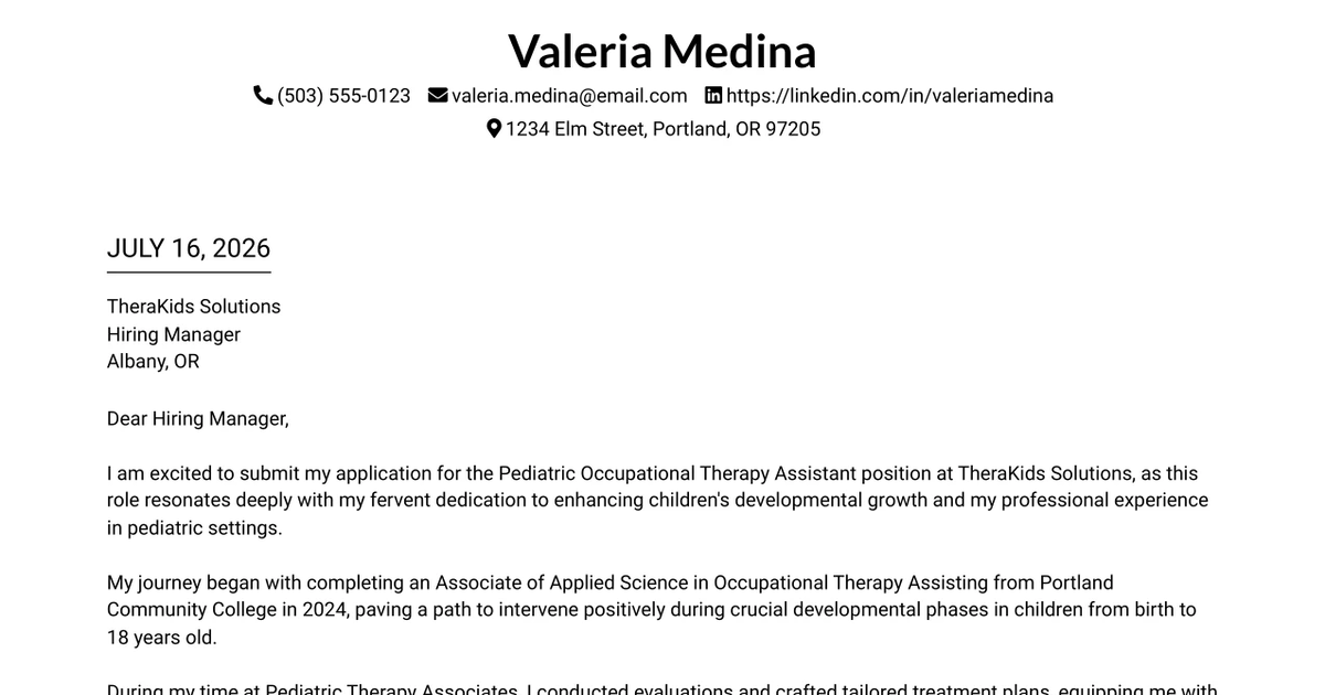 30+ Pediatric Occupational Therapy Assistant (COTA) Cover Letter Templates with Example 2026
