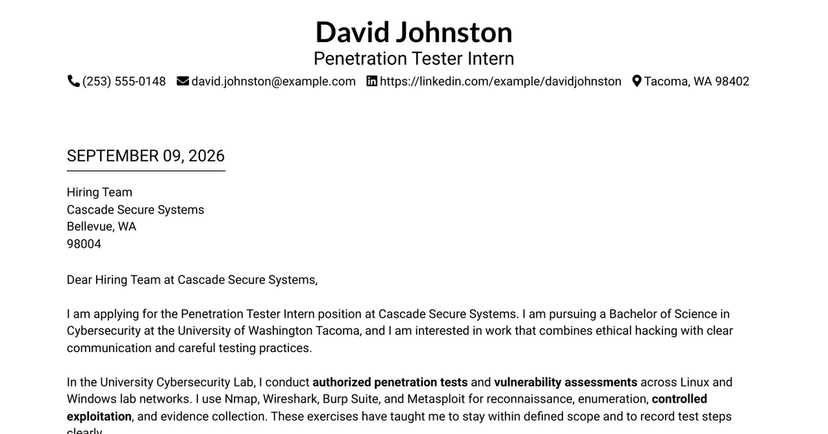 30+ Penetration Tester Intern Cover Letter Templates with Example 2026