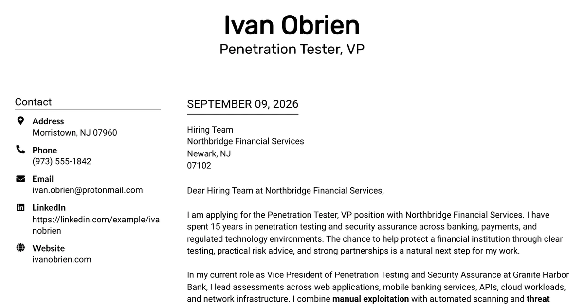 30+ Penetration Tester, VP Cover Letter Templates with Example 2026