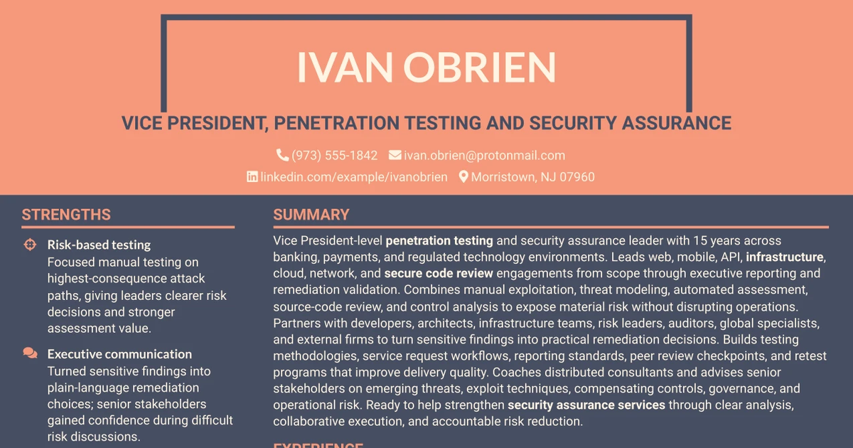 33 Penetration Tester, VP Resume Templates with Example 2026 (ATS-Optimized)