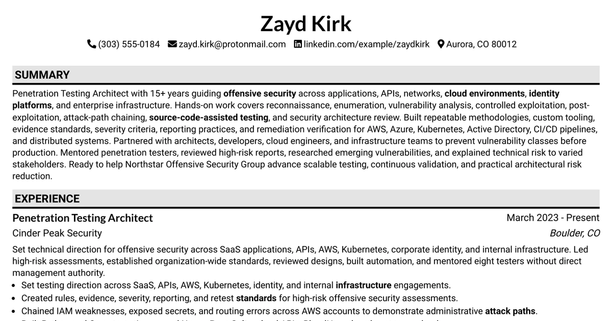 33 Penetration Testing Architect Resume Templates with Example 2026 (ATS-Optimized)