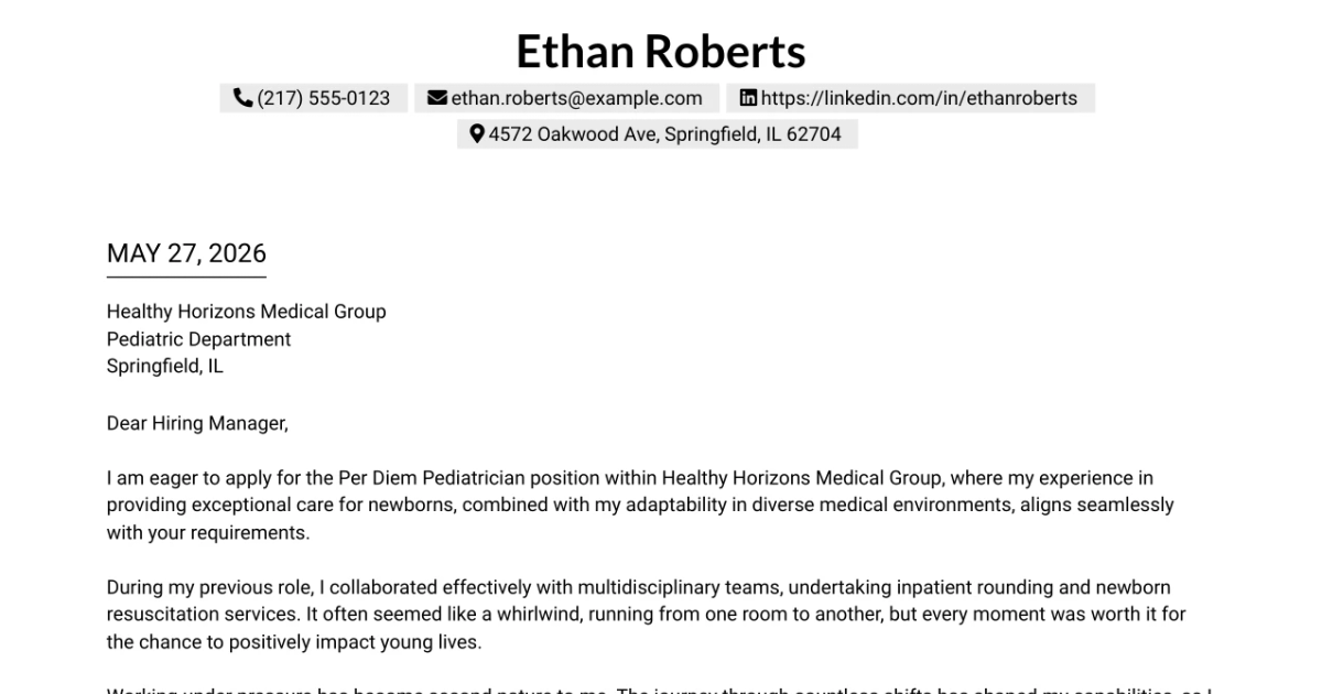 30+ Per Diem Pediatrician Cover Letter Templates with Example 2026