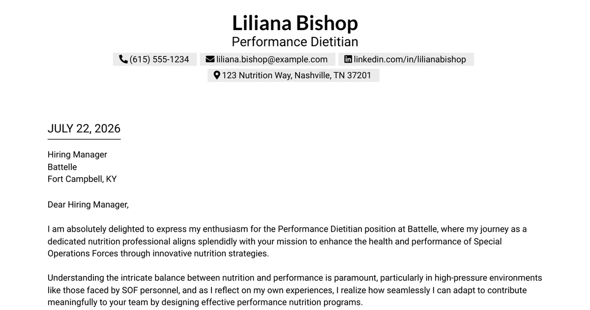 30+ Performance Dietitian Cover Letter Templates with Example 2026