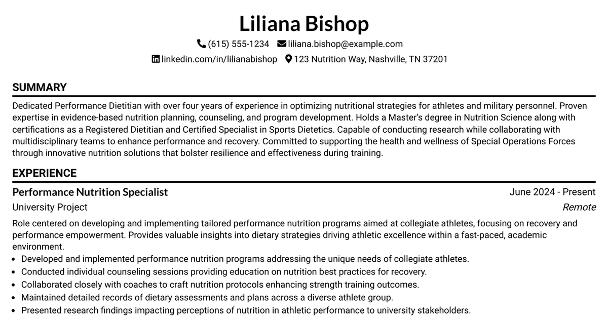 33 Performance Dietitian Resume Templates with Example 2026 (ATS-Optimized)