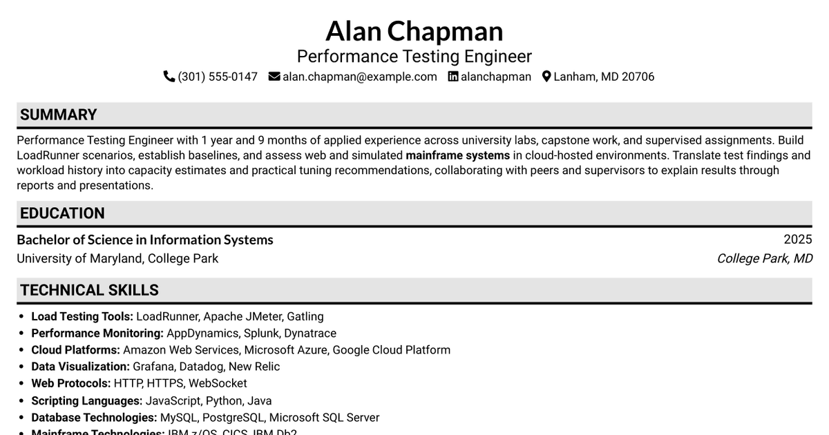7 Performance Testing Engineer - LoadRunner and Capacity Planning Resume Templates with Example