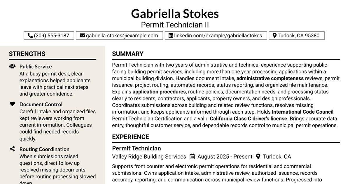 7 Permit Technician I/II Resume Templates with Example
