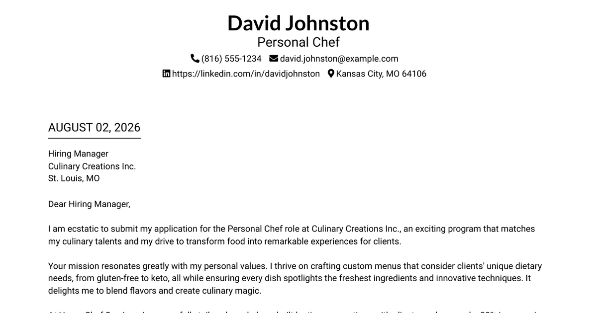 30+ Personal Chef Cover Letter Templates with Example 2026