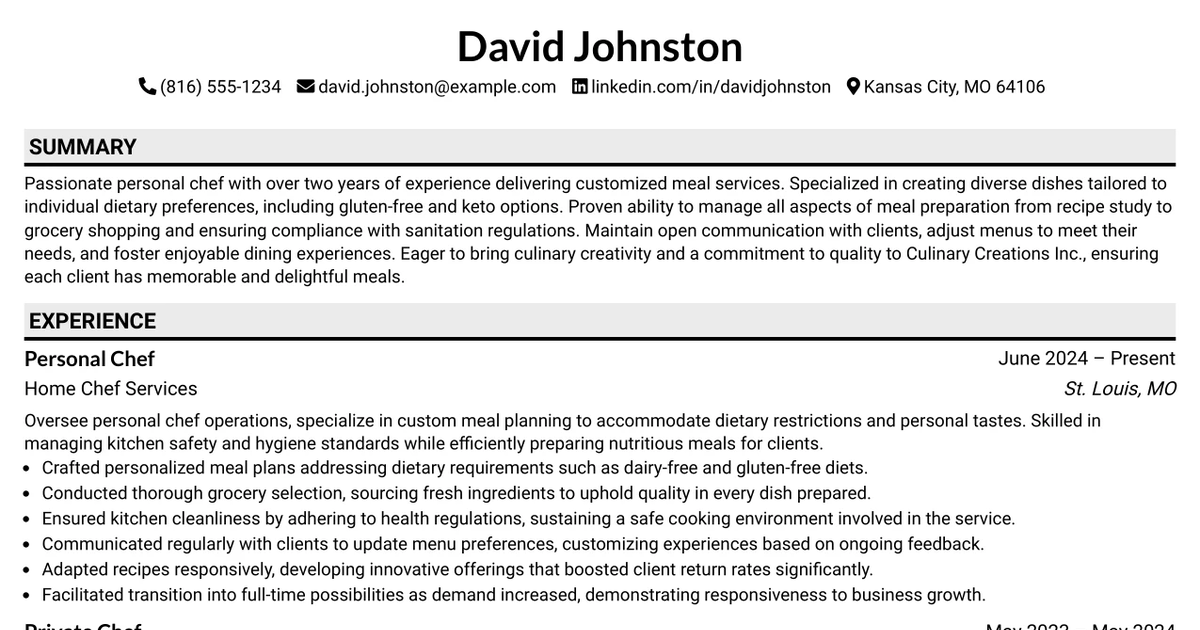 33 Personal Chef Resume Templates with Example 2026 (ATS-Optimized)