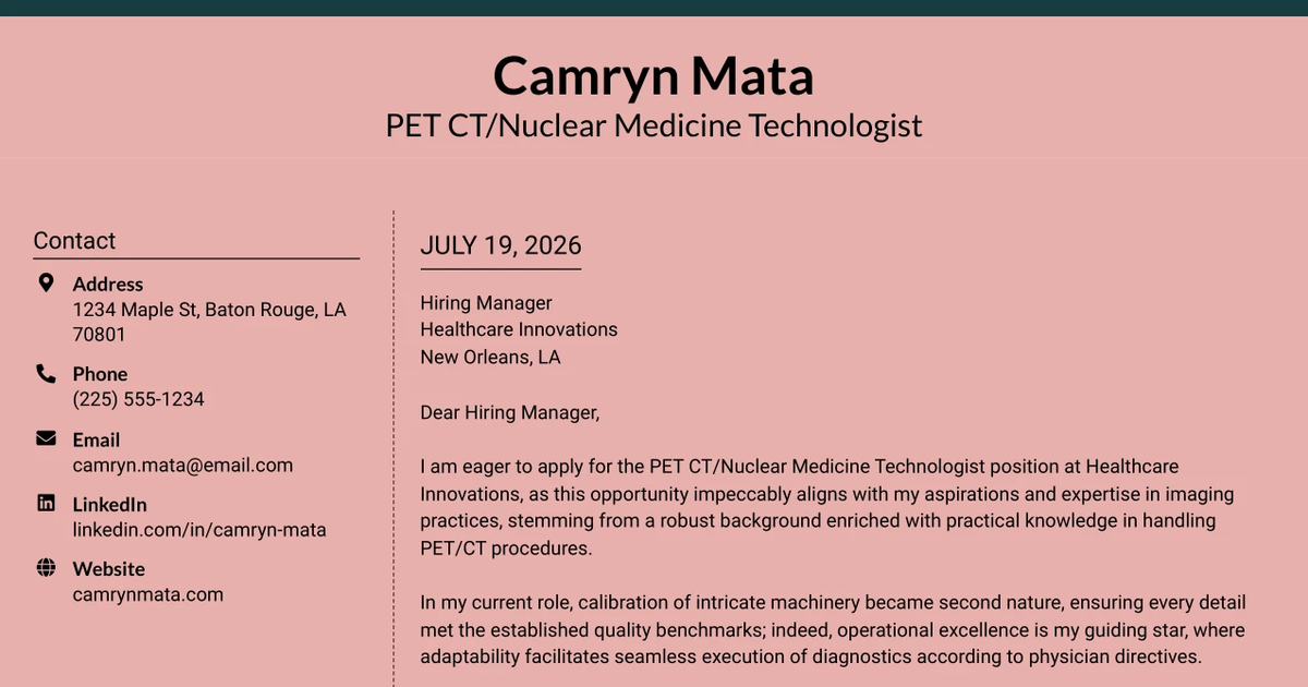 30+ PET CT/Nuclear Medicine Technologist Cover Letter Templates with Example 2026