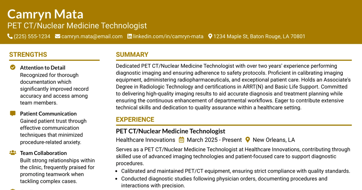 33 PET CT/Nuclear Medicine Technologist Resume Templates with Example 2026 (ATS-Optimized)