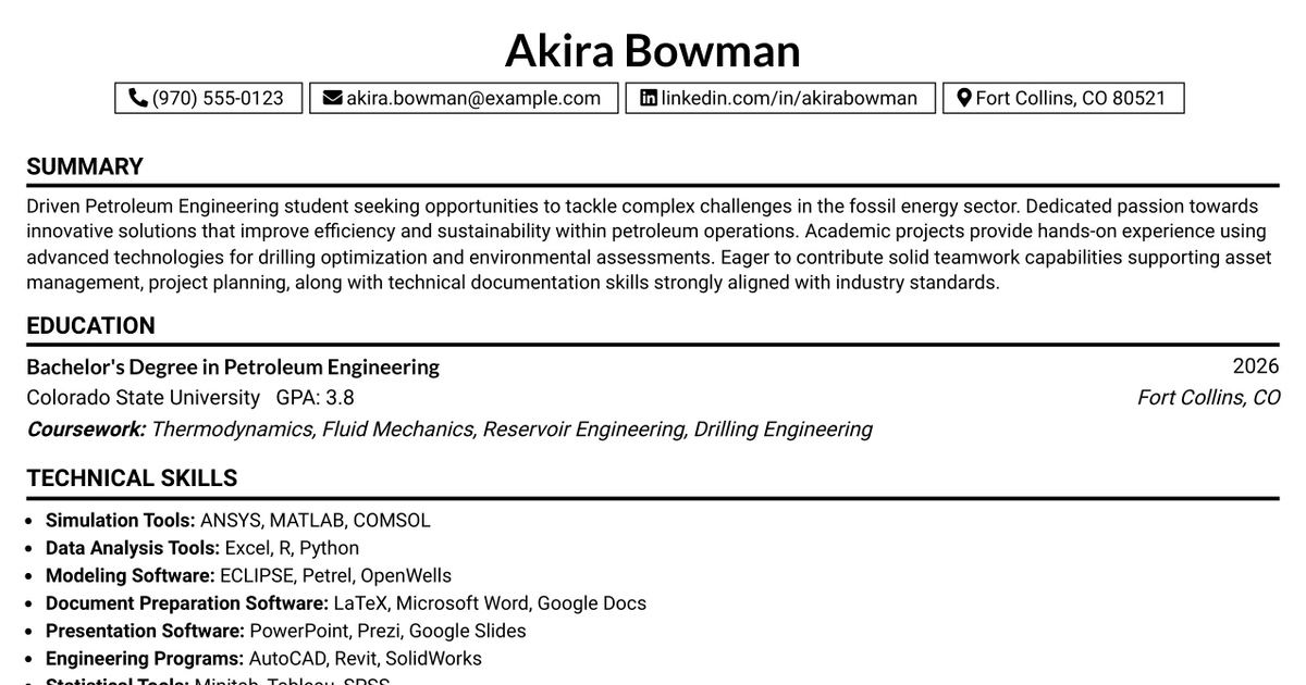 33 Petroleum Engineer Resume Templates with Example 2026 (ATS-Optimized)