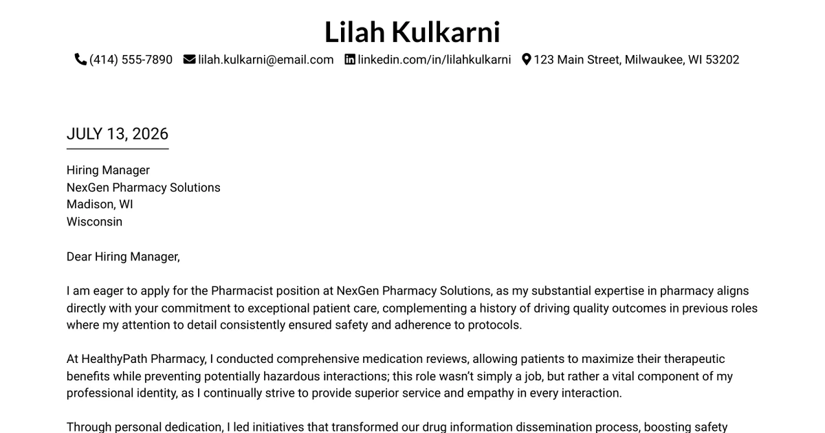 30+ Pharmacist Cover Letter Templates with Example 2026