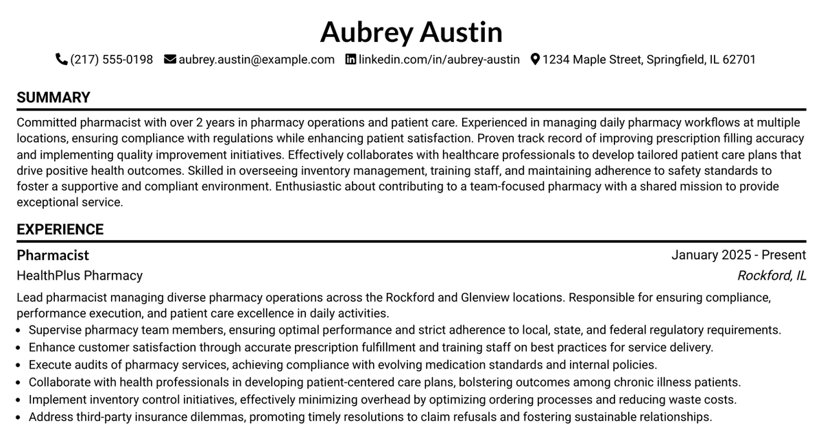 33 Pharmacist - Local Specialty Resume Templates with Example 2026 (ATS-Optimized)