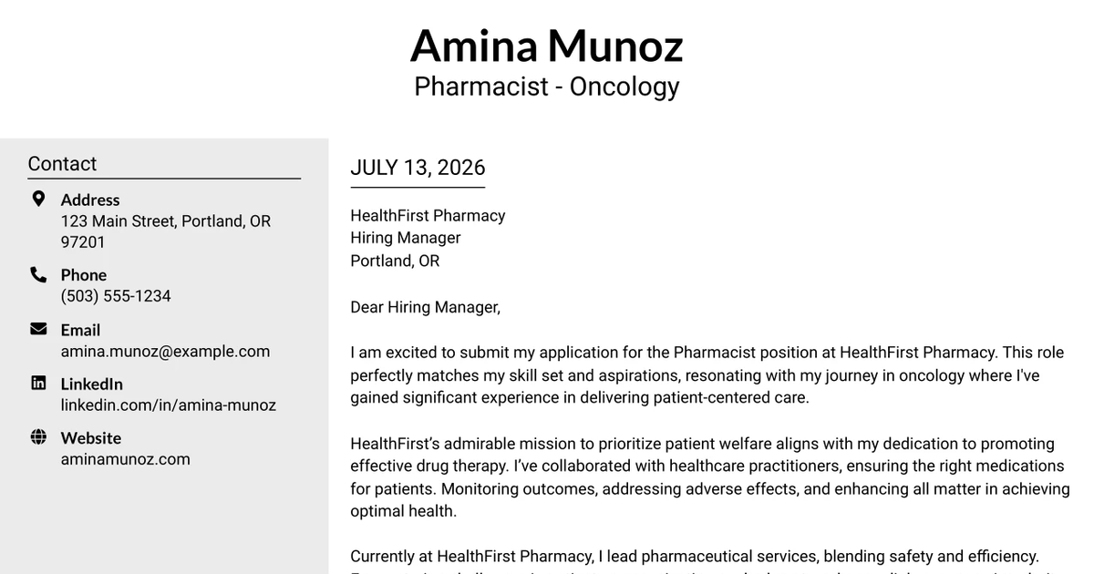 30+ Pharmacist - Oncology Cover Letter Templates with Example 2026