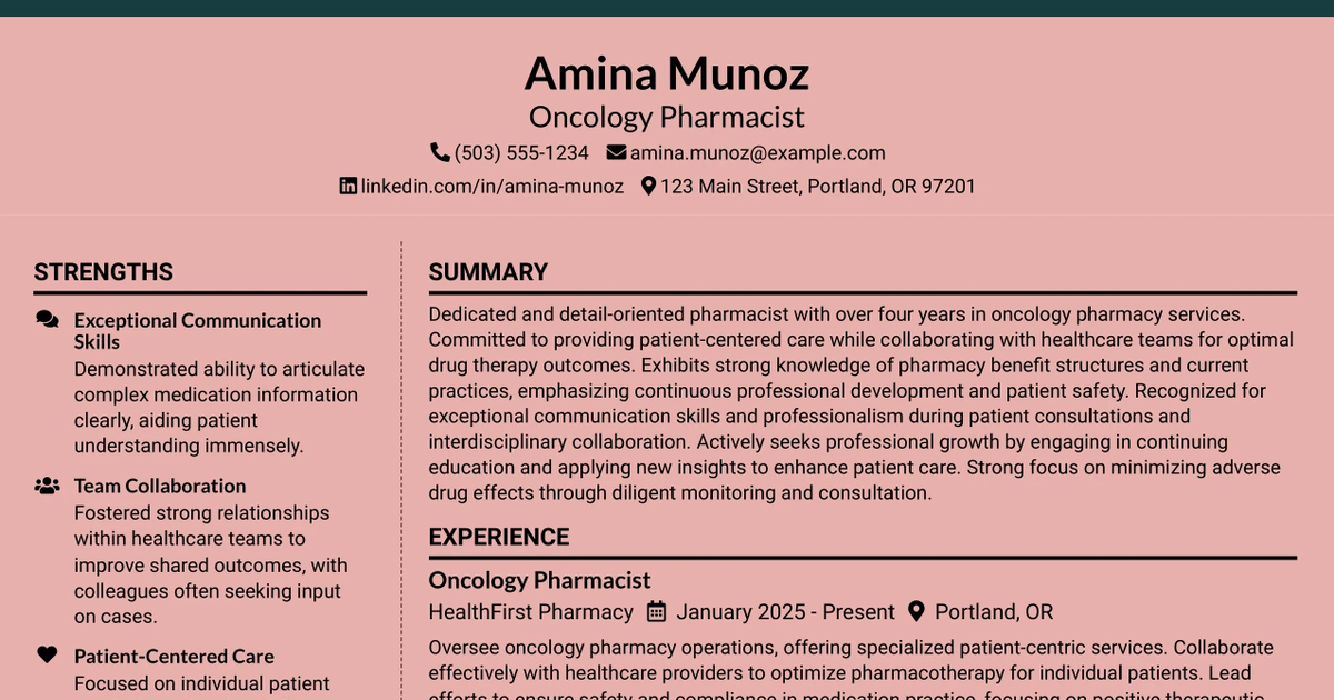33 Pharmacist - Oncology Resume Templates with Example 2026 (ATS-Optimized)