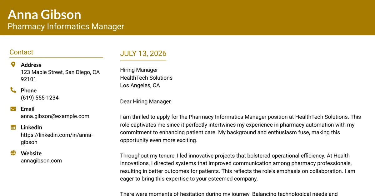 30+ Pharmacy Informatics Manager Cover Letter Templates with Example 2026