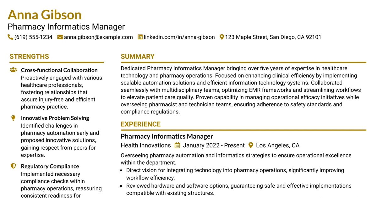 33 Pharmacy Informatics Manager Resume Templates with Example 2026 (ATS-Optimized)