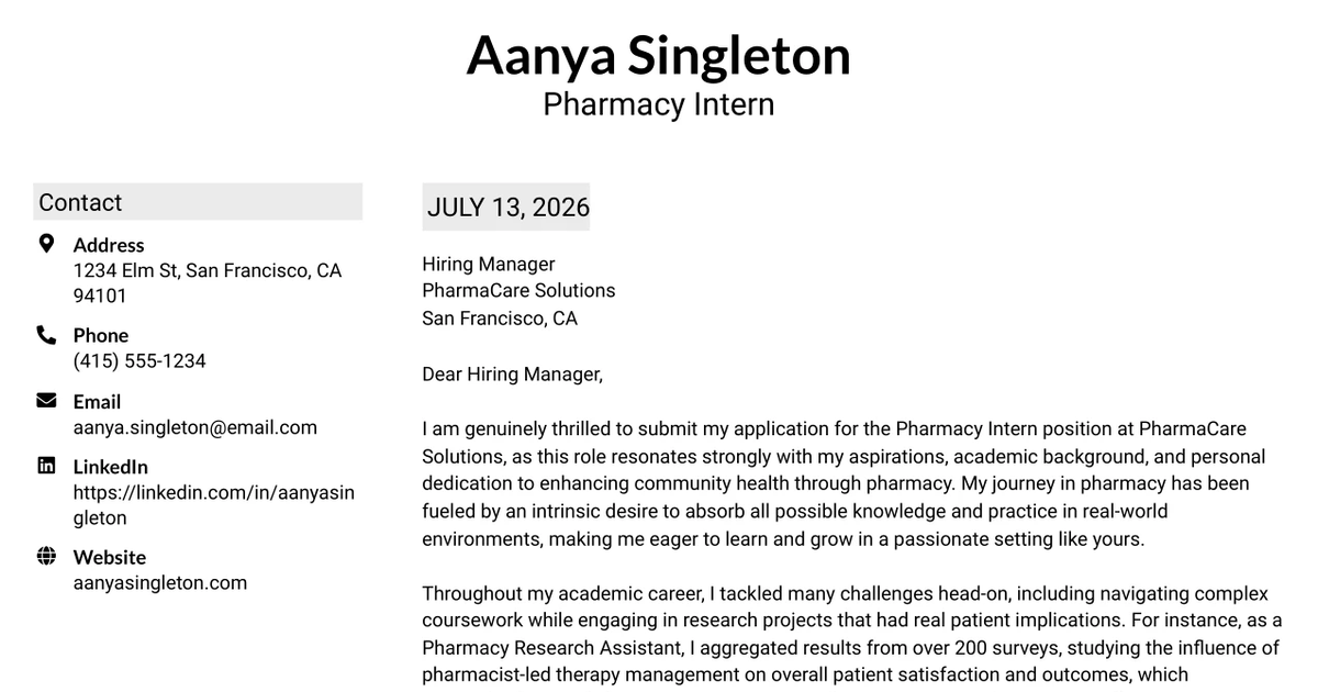 30+ Pharmacy Intern Cover Letter Templates with Example 2026