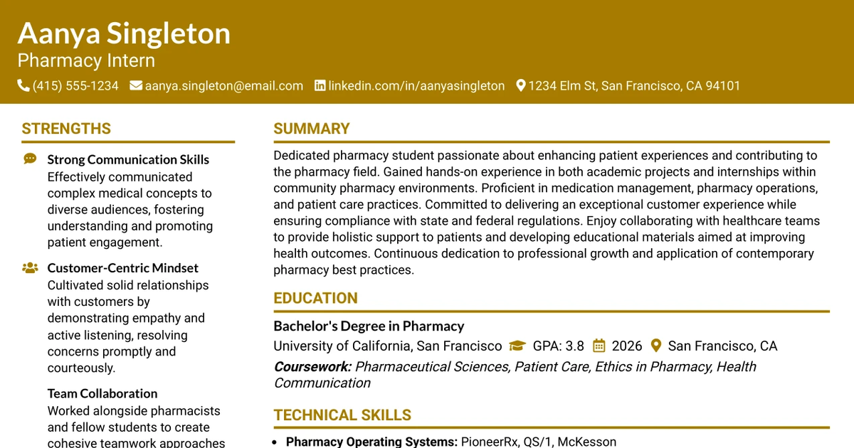33 Pharmacy Intern Resume Templates with Example 2026 (ATS-Optimized)