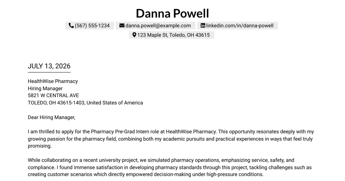 30+ Pharmacy Pre-Grad Intern Cover Letter Templates with Example 2026