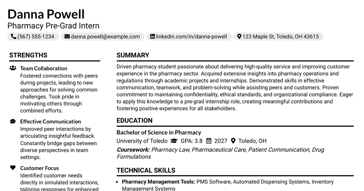 33 Pharmacy Pre-Grad Intern Resume Templates with Example 2026 (ATS-Optimized)