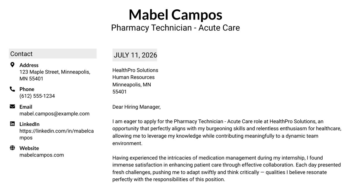 30+ Pharmacy Technician - Acute Care Cover Letter Templates with Example 2026