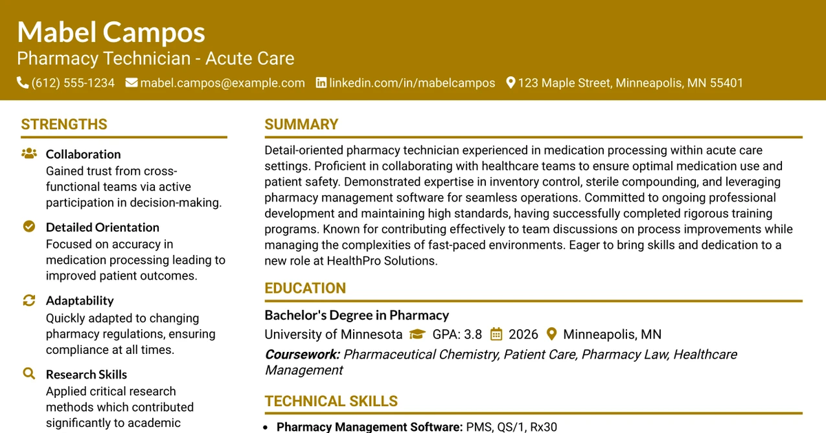 33 Pharmacy Technician - Acute Care Resume Templates with Example 2026 (ATS-Optimized)