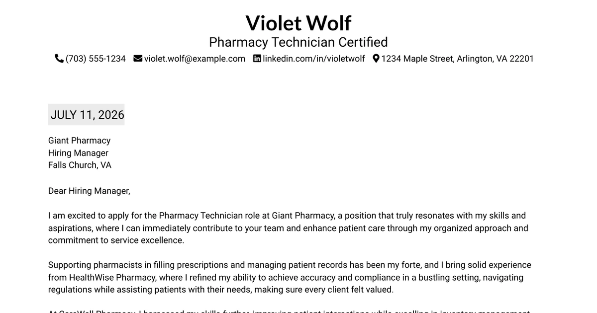 30+ Pharmacy Technician Certified Cover Letter Templates with Example 2026