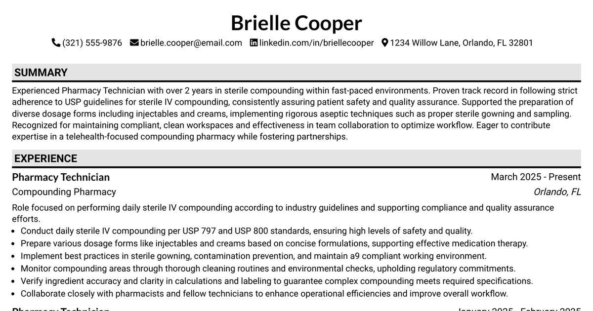 33 Pharmacy Technician (Compounding) Resume Templates with Example 2026 (ATS-Optimized)