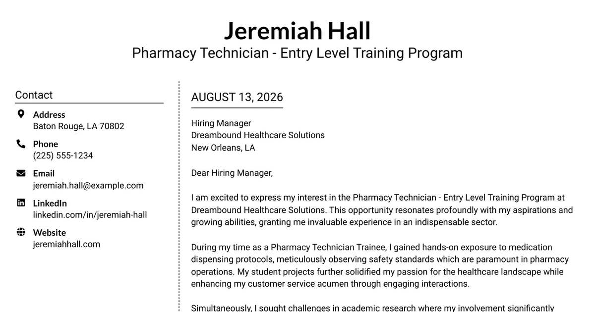 30+ Pharmacy Technician - Entry Level Training Program Cover Letter Templates with Example 2026