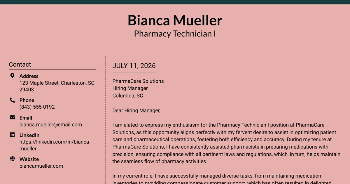 30+ Pharmacy Technician I Cover Letter Templates with Example 2026