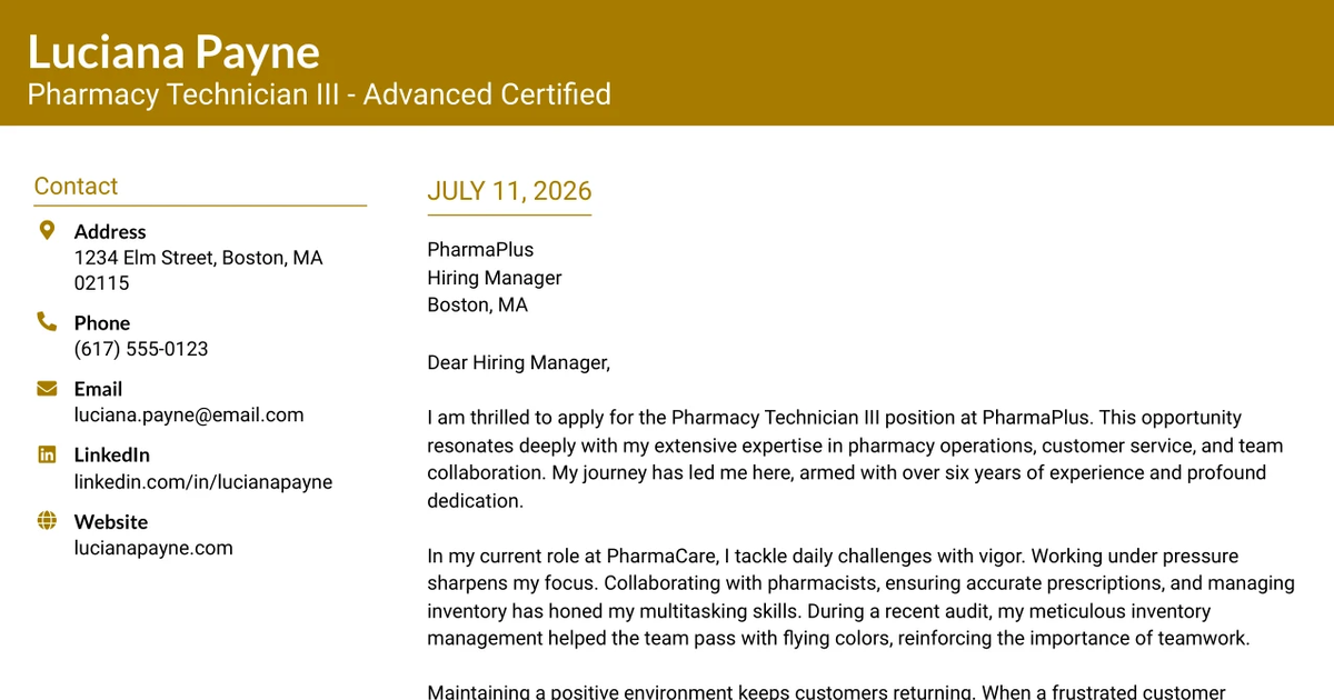 30+ Pharmacy Technician III - Advanced Certified Cover Letter Templates with Example 2026