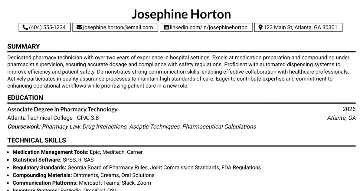 33 Pharmacy Technician - Inpatient Resume Templates with Example 2026 (ATS-Optimized)