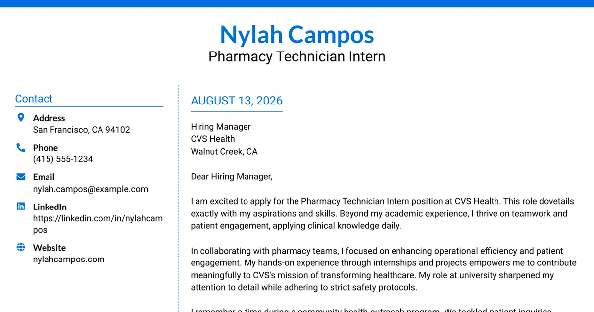 30+ Pharmacy Technician Intern Cover Letter Templates with Example 2026